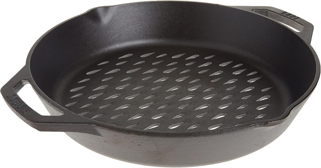 Lodge Pre-Seasoned Cast Iron Round Grilling Pan – Use on the Grill – Grilling Pan Designed to Protect Food from Falling Through the Grate – Cast Iron 12 Inch