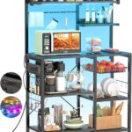 Aheaplus Bakers Rack with Power Outlet and LED Light Strings, Microwave Oven Stand Kitchen Storage Shelf with Wire Basket, Coffee Bar Station Island Table with 10 Hooks for Spices, Pots, Black Oak
