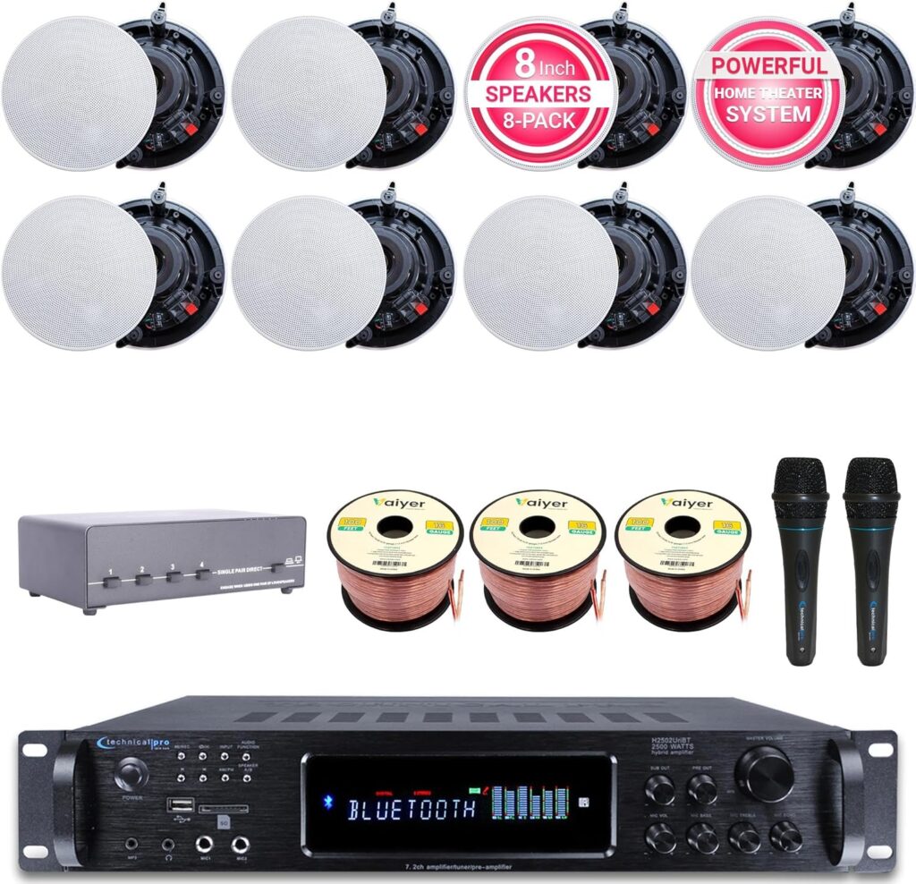 Vaiyer 7.2 Channel 1500W Bluetooth Home Theater Audio Kit – Amplifier with 8 Frameless 6.5” Ceiling Speakers, 4-Zone Selector, 2 Mics & 300ft Wire – Surround Sound System for Home & Karaoke