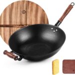 WANGYUANJI Cast Iron Wok Pan 14.2 inch Large Wok Stir Fry Pan Flat Bottom Wok with Lid and Wood Handle, Suitable for All Cooktops, Uncoated Craft Pot Healthy Cooking Pot