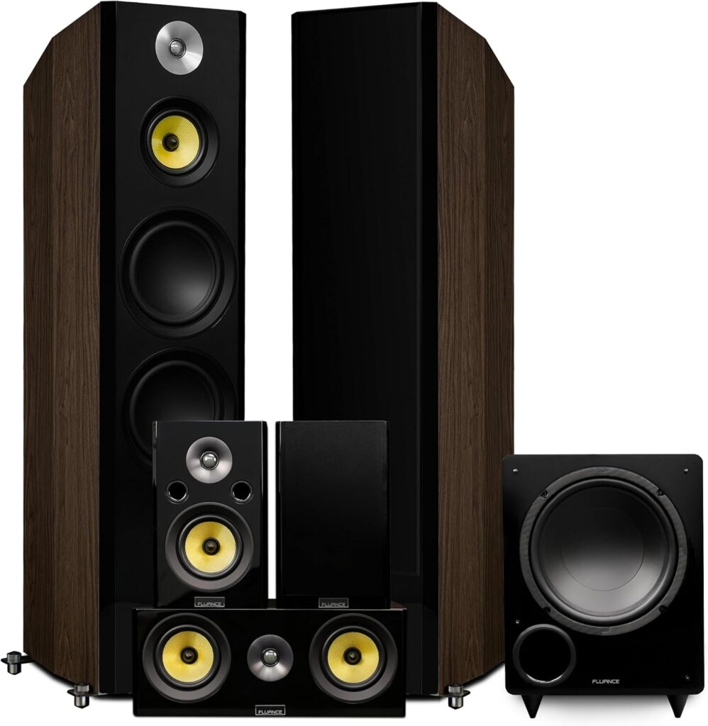 Fluance Signature HiFi Surround Sound Home Theater 5.1 Channel Speaker System Including 3-Way Floorstanding Tower, Center Channel, Rear Surrounds and DB10 Subwoofer – Natural Walnut (HF51WR)
