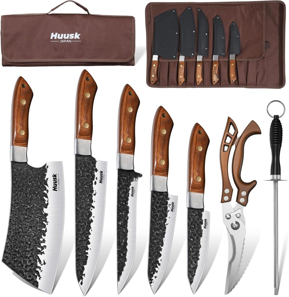 Huusk Butcher Knife Set, 7 Pcs Japanese Chef Knife Set with Bag – Hand Forged Meat Cleaver & Boning Viking Knives & Chef Utility Knives, Kitchen Knives Set for Cooking, Camping, BBQ, Gifts for Men