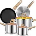 13-Piece Stainless Steel Cookware Set with Nonstick Frying Pans, Sauce Pots & Stock Pot, Heavy Duty Pots and Pans Set, Wooden Handles & Triple Layer Bottom, Induction Cookware, Easy to Clean
