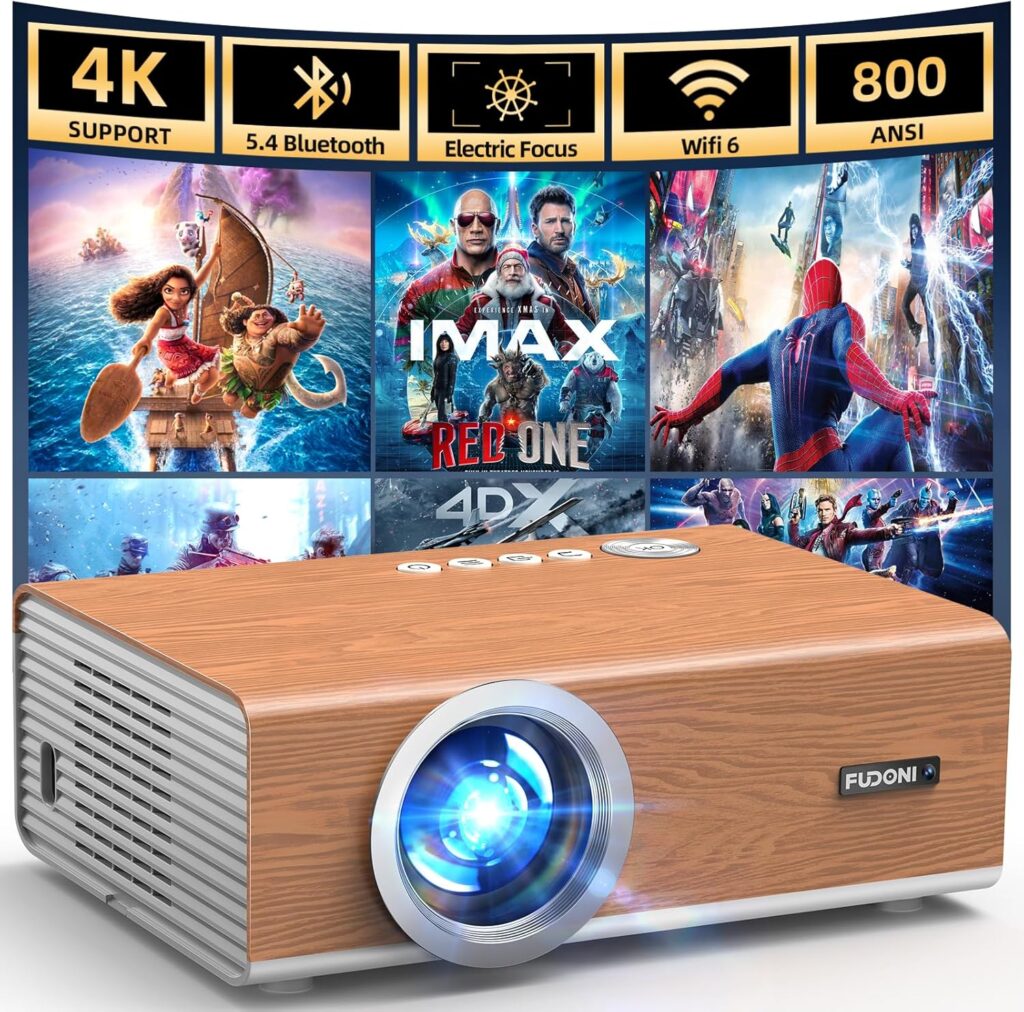 [Electric Focus / High Brightness] Projector with WiFi and Bluetooth, Highlight Native 1080P Outdoor Movie Projector, FUDONI Home Theater Auto 6D Keystone, 300″Screen for USB/HDMI/iOS/Android/TV Stick