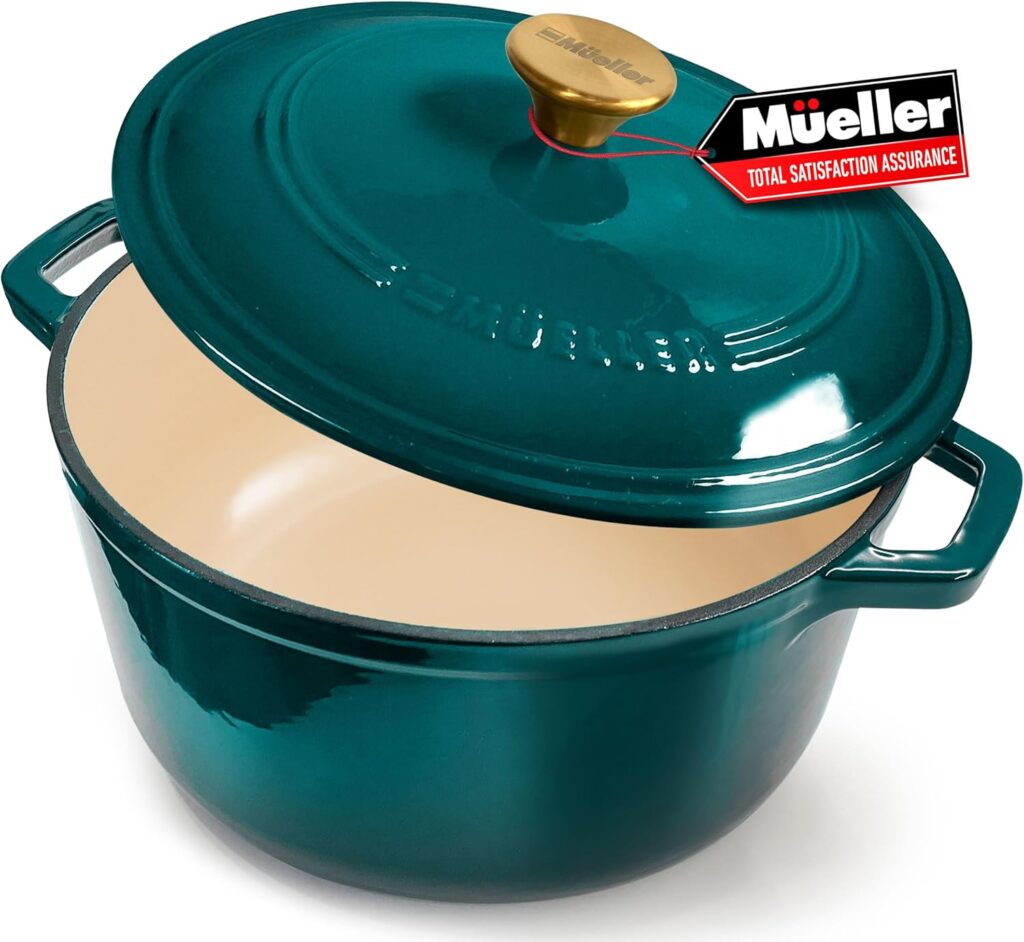 Mueller DuraCast 6 Quart Enameled Cast Iron Dutch Oven Pot with Lid, Heavy-Duty, Oven Safe up to 500° F & Across All Cooktops, Wedding Registry Ideas & Gifts, Emerald
