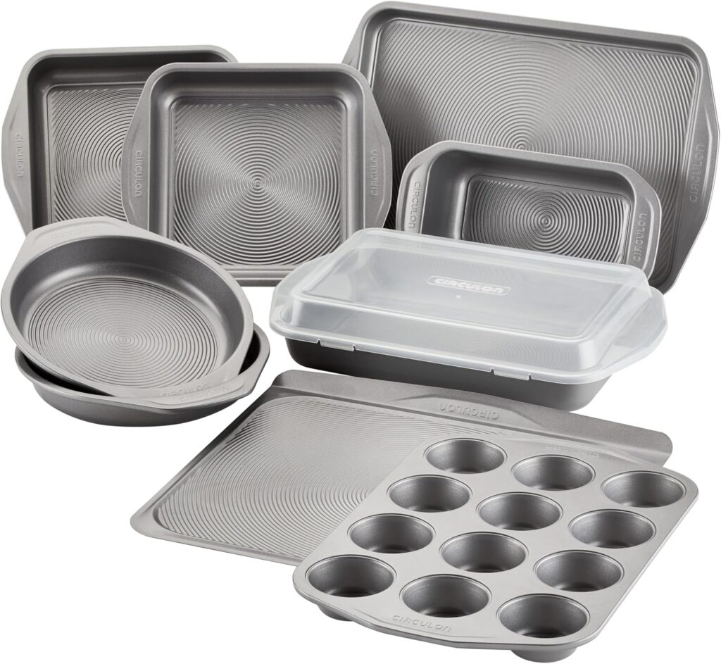 Circulon Total Nonstick Bakeware Set with Nonstick Bread Pan, Cookie Sheet, Baking Pan, Baking Sheet, Cake Pan and Muffin/Cupcake Pan – 10 Piece, Gray