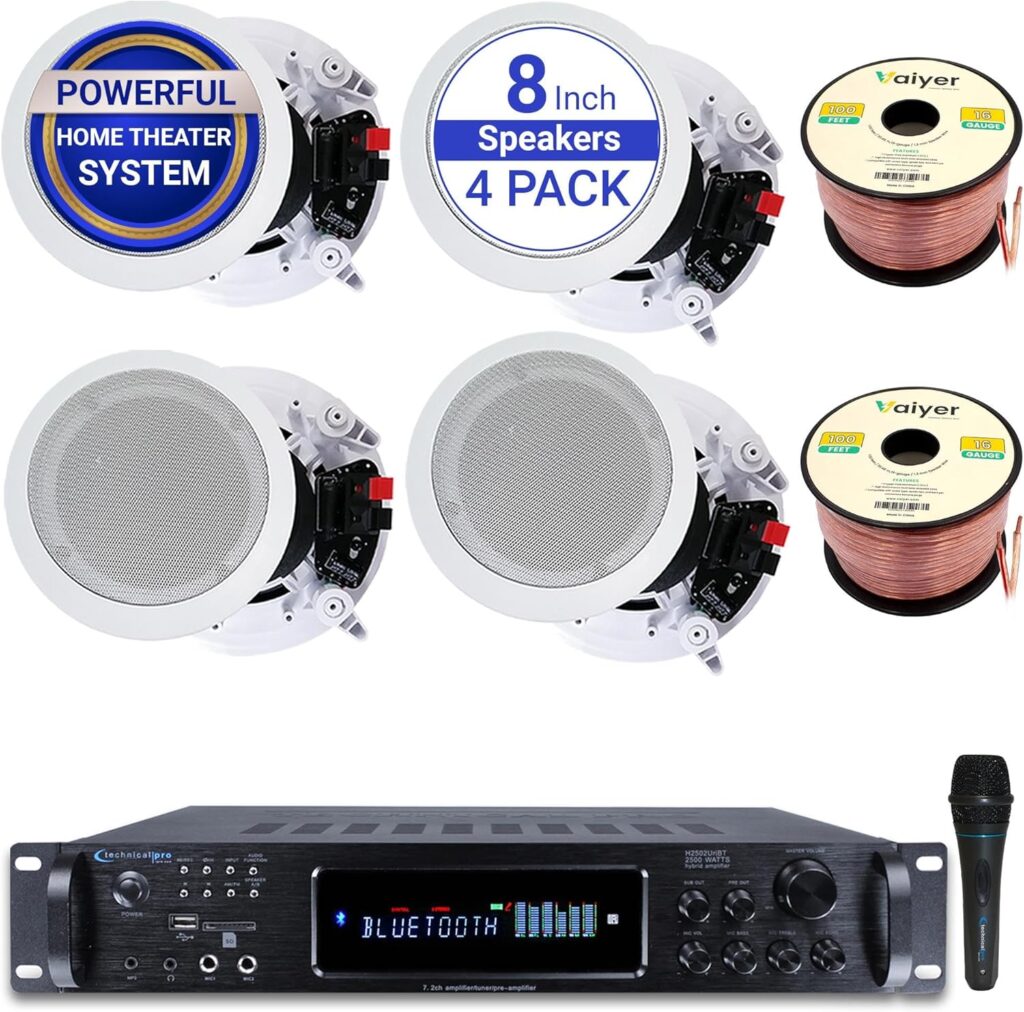 Home Stereo System Kit – 7.2 Channel 2500 W Bluetooth Amplifier w/ 4 Qty of 8” Framed Ceiling Speakers 300 W Each, Mic, 200 ft Speaker Wire & Remote Ideal for Home, Office, Restaurant by Vaiyer