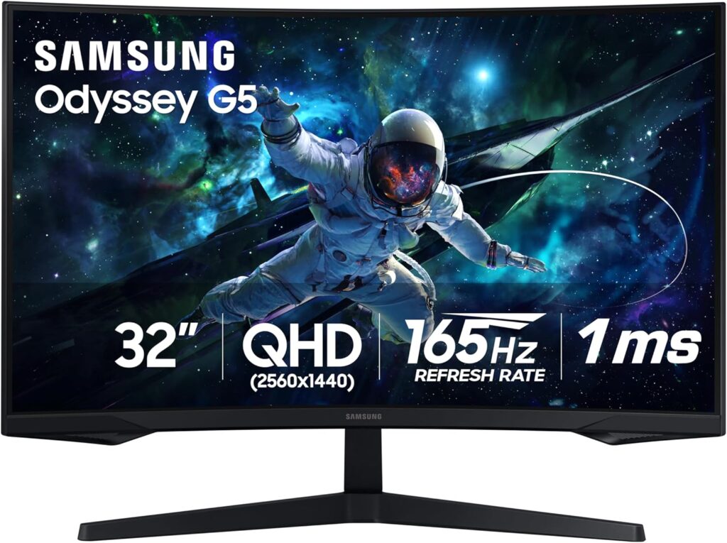 SAMSUNG 32″ Odyssey G55C Series QHD 1000R Curved Gaming Monitor, 1ms(MPRT), HDR10, 165Hz, AMD Radeon FreeSync, Eye Care, Glare Free, Sharp Resolution LS32CG550ENXZA