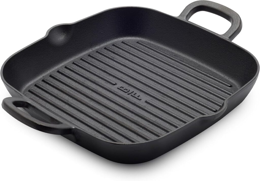 GreenPan x Bobby Flay Cast Iron 11” Square Grill Pan, Pre-Seasoned Professional Grade Heavy Duty Skillet, Helper Handles, Induction Suitable, Stovetop, Oven, BBQ & Fire, Indoor & Outdoor Use, Black