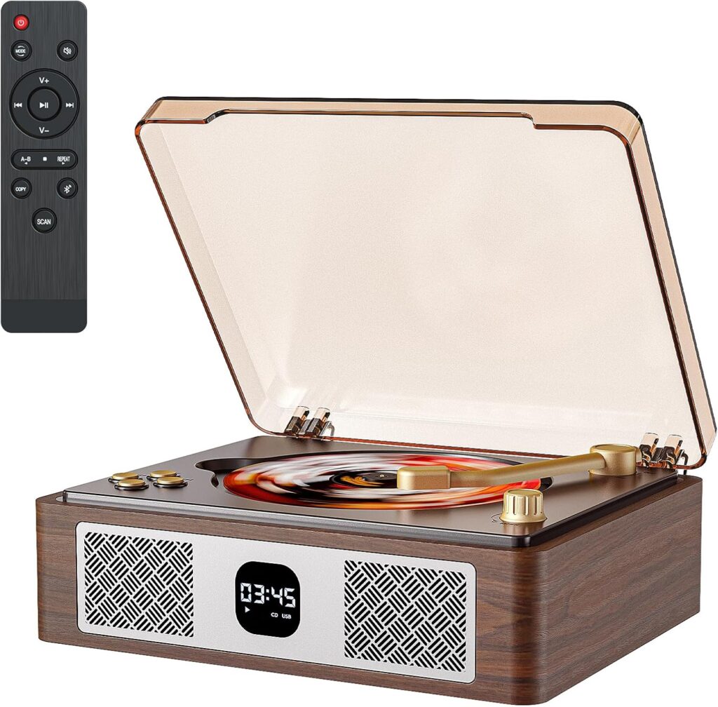 Retro Cd Player Can Rip to USB,Nostalgic Bluetooth CD Player for Home,Built-in Speakers with LCD Screen,Supports Coaxial/3.5mm/FM Radio with Remote Control-Wired Walnut Brown