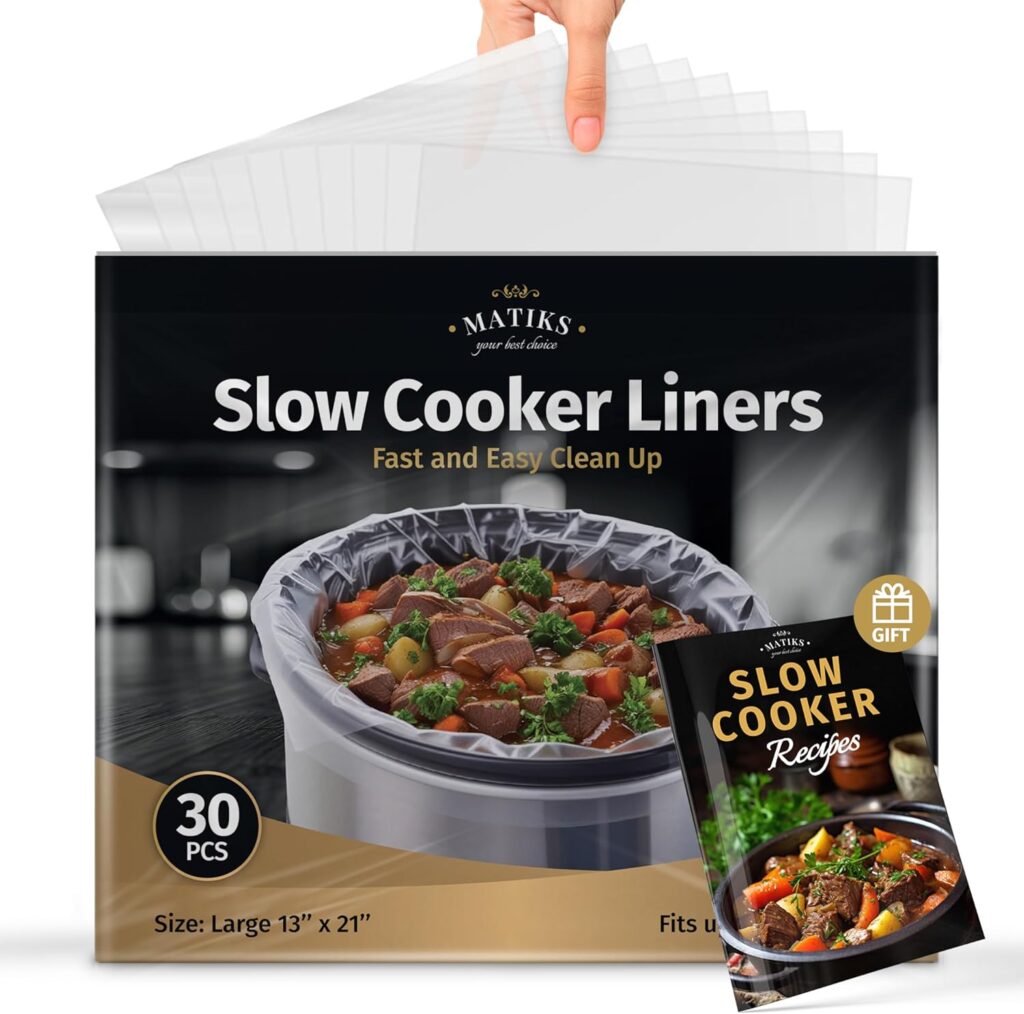 30 Pack Slow Cooker Liners – Large 13” x 21” BPA-Free Crock Pot Bags – Fits 3–10 Quart Round & Oval Cookers – Disposable Crock Pot Liners for Effortless Home Cooking & Fast Clean Up, Bonus Recipe Book