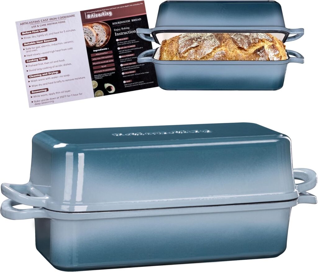 11×5 Inch Cast Iron Bread Loaf Pan With Lid, 5.8 Qt Large Loaf Pan for Sourdough Bread Baking, Heavy Duty Dutch Oven Bread Pan For a Crispy Crust, Seasalt