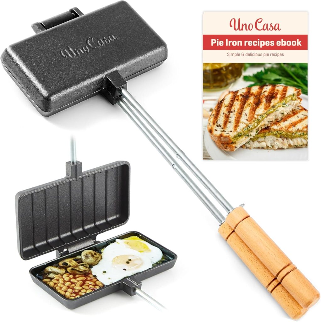 Uno Casa – XL Pie Irons Cast Iron Sandwich Maker – Mountain Japanese Sandwich Maker with Recipe Book – Durable Campfire Cooking Equipment for Toasted Pies, and More
