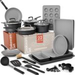Pots and Pans Set, 22-Piece Non Stick Cookware & Bakeware Sets with Plaid Pattern, Stackable Design, Dishwasher Safe, Stain-resistant, Oven & All-Stove Safe, Tempered Glass Lid, Black