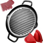 Pre-Seasoned Cast Iron Griddle Pan – 12.6 Inch Round Grill Pan with Dual Handles for BBQ and Stove Top Cooking