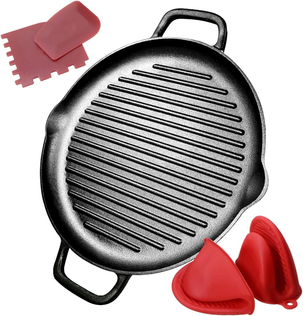 Pre-Seasoned Cast Iron Griddle Pan – 12.6 Inch Round Grill Pan with Dual Handles for BBQ and Stove Top Cooking