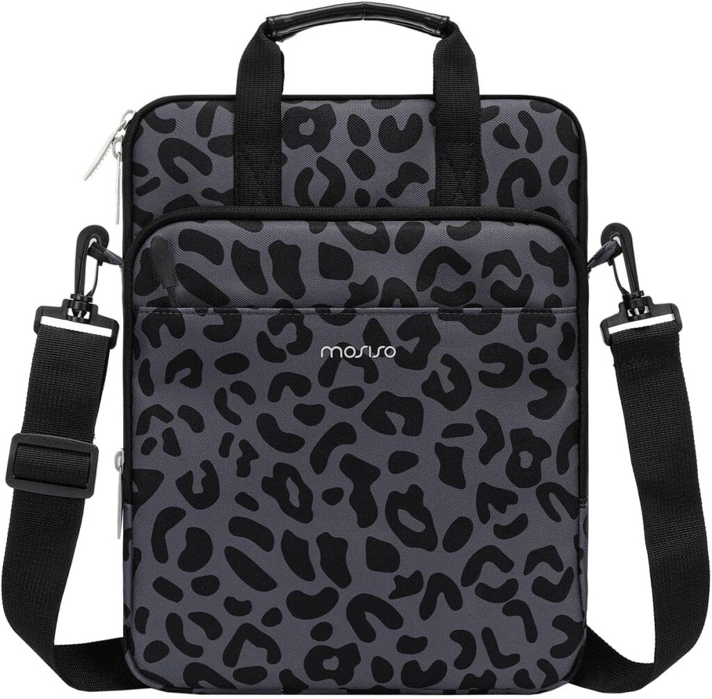 MOSISO 12.9 inch Tablet Sleeve Bag for iPad Pro 13 M4&iPad Air 13 M3 M2,iPad Pro 12.9 M2 M1 6/5th,Surface Laptop Go 12.4,Galaxy Tab S8+/S9+ 12.4, Leopard Grain Tablet Shoulder Bag with 3 Pockets,Black