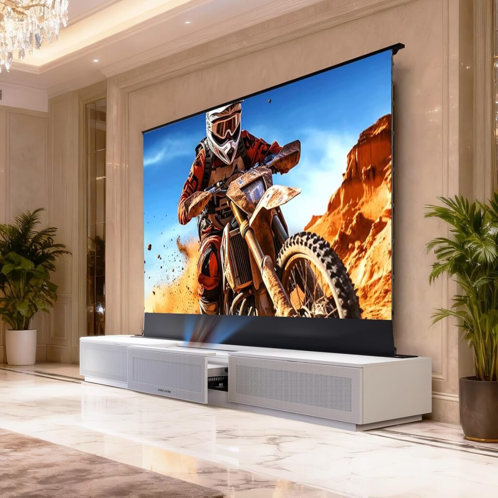 ALR Floor Rising Screen with Laser TV Cabinet for Ultra Short Throw Projector, 4K/8K/3D Support, Smart Linkage One-Click Start & 3D Sound Holes (120inch ALR Screen + Smart Cabinet)