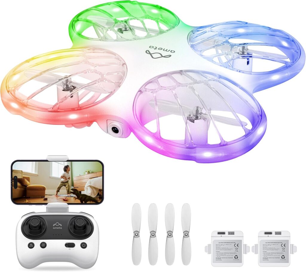 Ameta Drones for Kids Adults, RC Drone with 1080P HD FPV Camera, Cool Toys Gift for Boys Girls Teenage, STEM Toys with LED Light, Propeller Full Protect, 2 Batteries Long Flight Time and Remote Control, Easy to Fly