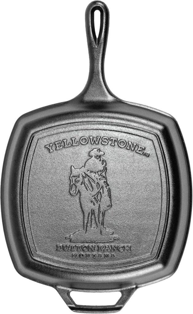 Lodge Pre-Seasoned Yellowstone Stamped Cast Iron Cookware – Signature Teardrop Handle & Assist Handle – Cowboy on Horseback 10.5 Inch Grill Pan
