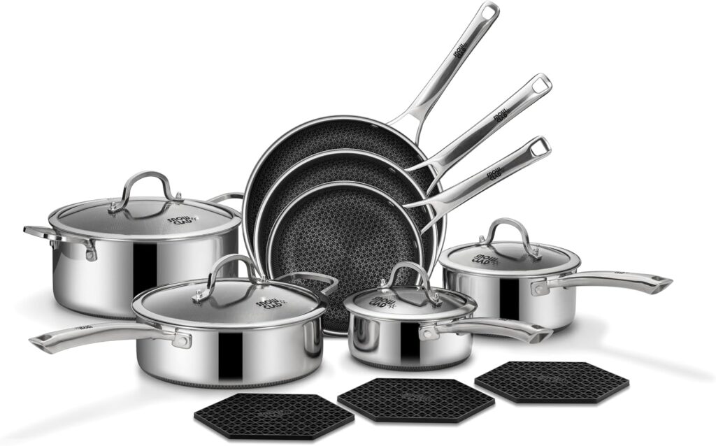 Pots and Pans Set Non Stick, 14 Pcs Hybrid Stainless Steel Cookware Sets, Non Stick Frying Pans, Saucepans, Saute Pan & Stock Pot, PFOA Free Kitchen Skillet,Induction Compatible