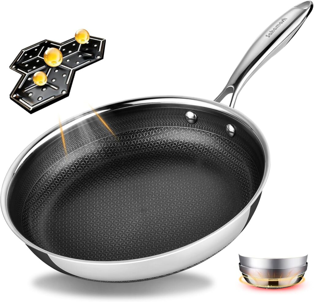 11″ Non Stick Frying Pans, Stainless Steel Pan, Ceramic Skillet with Stay-Cool Handle, Non Toxic, PFAS PFOA PTFE Free, Dishwasher Safe, Induction, Compatible with All Cooktops