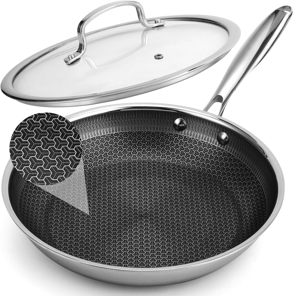 12 Inch Hybrid Non Stick Frying Pan Set Skillet Stainless Steel Skillet Chef’s Pan with Matching Lid, PFOA-Free Non-Toxic Cookware, Dishwasher & Oven Safe, Induction Compatible All Cooktop
