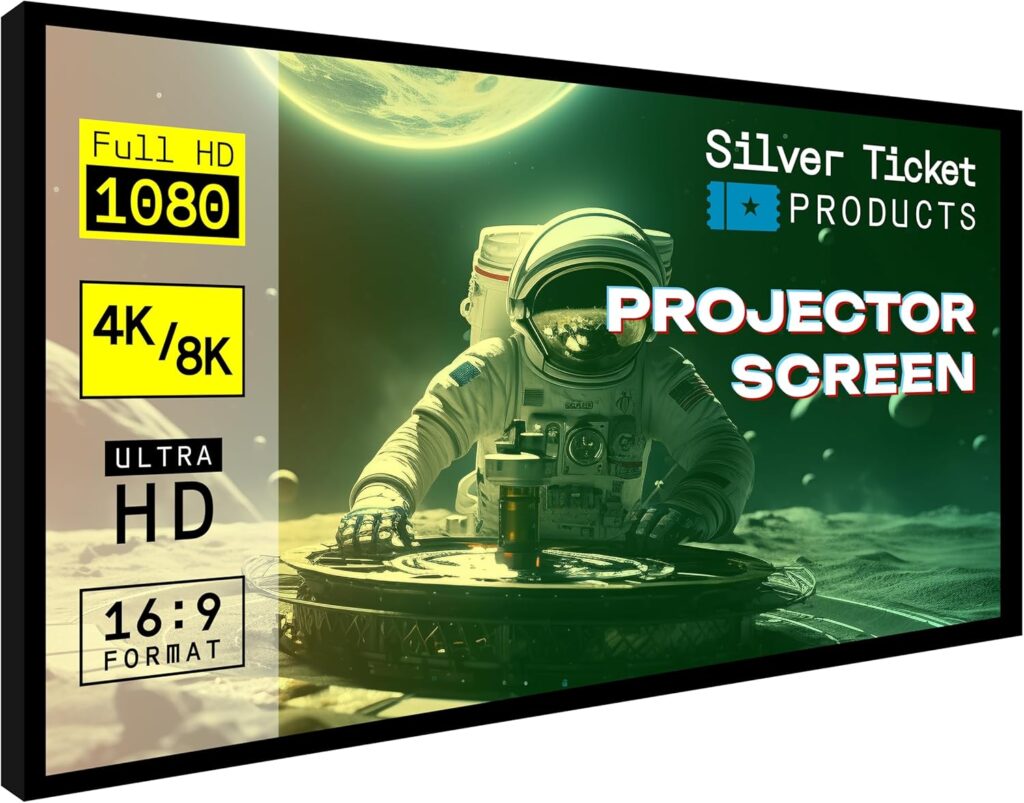 Silver Ticket Products STR Series 6 Piece White 1.1 Gain 120″ Diagonal 16:9 Format Projection Screen, Aluminum Frame, Wall Mounted, 109.25×63.625 inches STR-169120