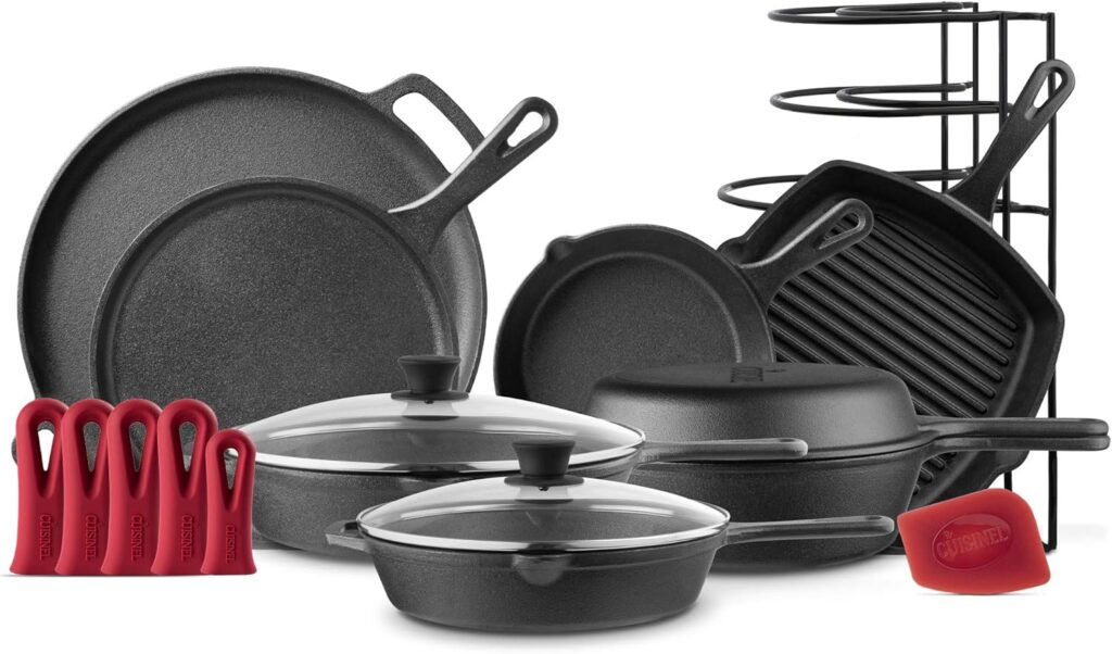 Cuisinel Cast Iron Cookware Set – Complete Pre-Seasoned Kit – 8″ Skillet & 10″ + 12″ Skillets with Glass Lid + Grill Pan + Multi-Cooker/Dutch Oven + Flat Griddle + Pizza Pan + Organizer Rack – 2024