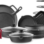 Cuisinel Cast Iron Cookware Set – Complete Pre-Seasoned Kit – 8″ Skillet & 10″ + 12″ Skillets with Glass Lid + Grill Pan + Multi-Cooker/Dutch Oven + Flat Griddle + Pizza Pan + Organizer Rack – 2024