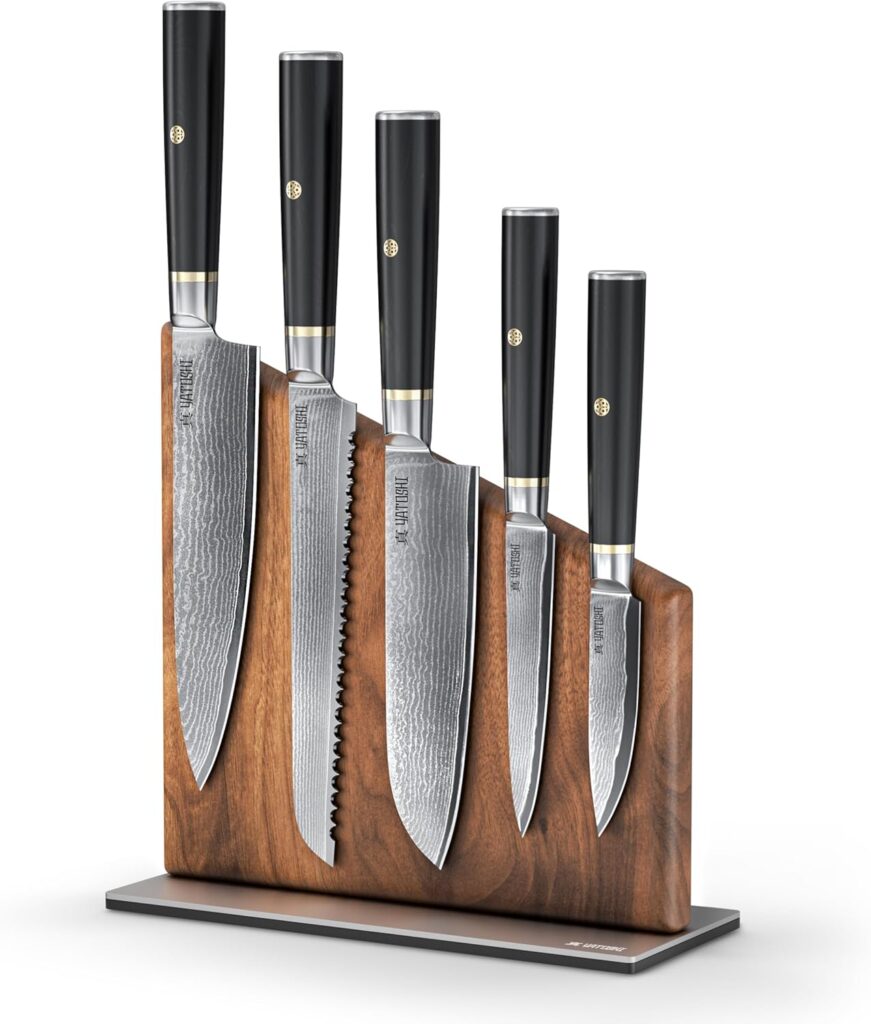 Yatoshi Knives Magnetic Kitchen Knife Block Set – Japanese 67 Layer High-Grade VG-10 Steel Knives, Sharp, G10 Handle Professional Kitchen Knife Set – Black Damascus (6 pieces)