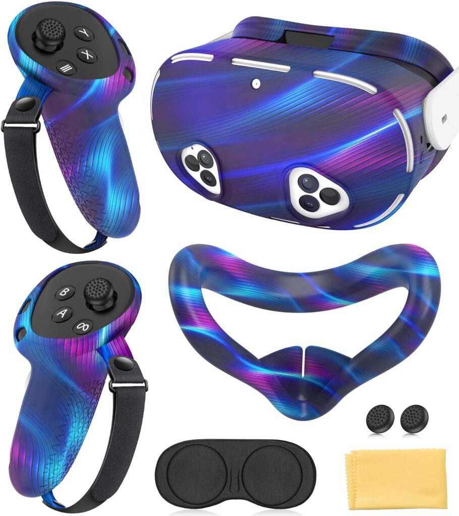 Silicone Cover Set Compatible with Meta Quest 3S Accessories, VR Protector Face Cover, Controller Grips, Front Shell Headset & Lens Protective C-Over for Oculus/Meta Quest 3s Accessories(Aurora Blue)
