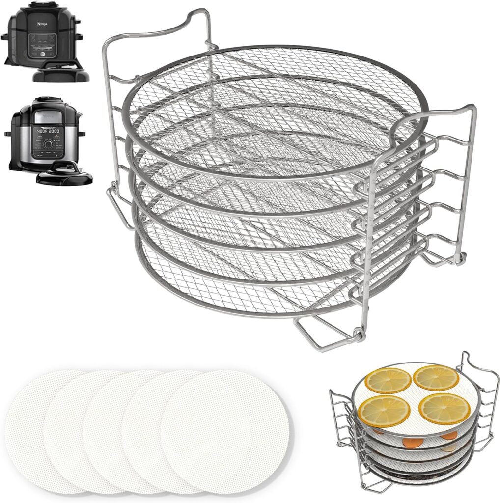 Foodi Dehydrator Rack & Dehydrator Sheets for Ninja Foodi Air Fryer 8 Quart and Pressure Cooker, Drying Rack for Instant Pot Accessories 8 Qt, Stainless Steel Stand with 5 Packs Dehydrating Mats