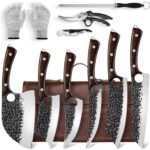 Serbian Chef Knife Set, Hand Forged Knife Set with Bag, Full Tang Kitchen Knife Sets with High Carbon Steel, Meat Cleaver Butcher Boning Knife for Brisket Trimming, Gift for Men Women