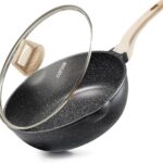 CAROTE 12Inch Nonstick Deep Frying Pan with Lid, 5.5 Qt Jumbo Cooker Saute Pan with Pour Spout, Skillet Induction Cookware, Non Stick Cooking Pan PFOA Free, Classic Granite