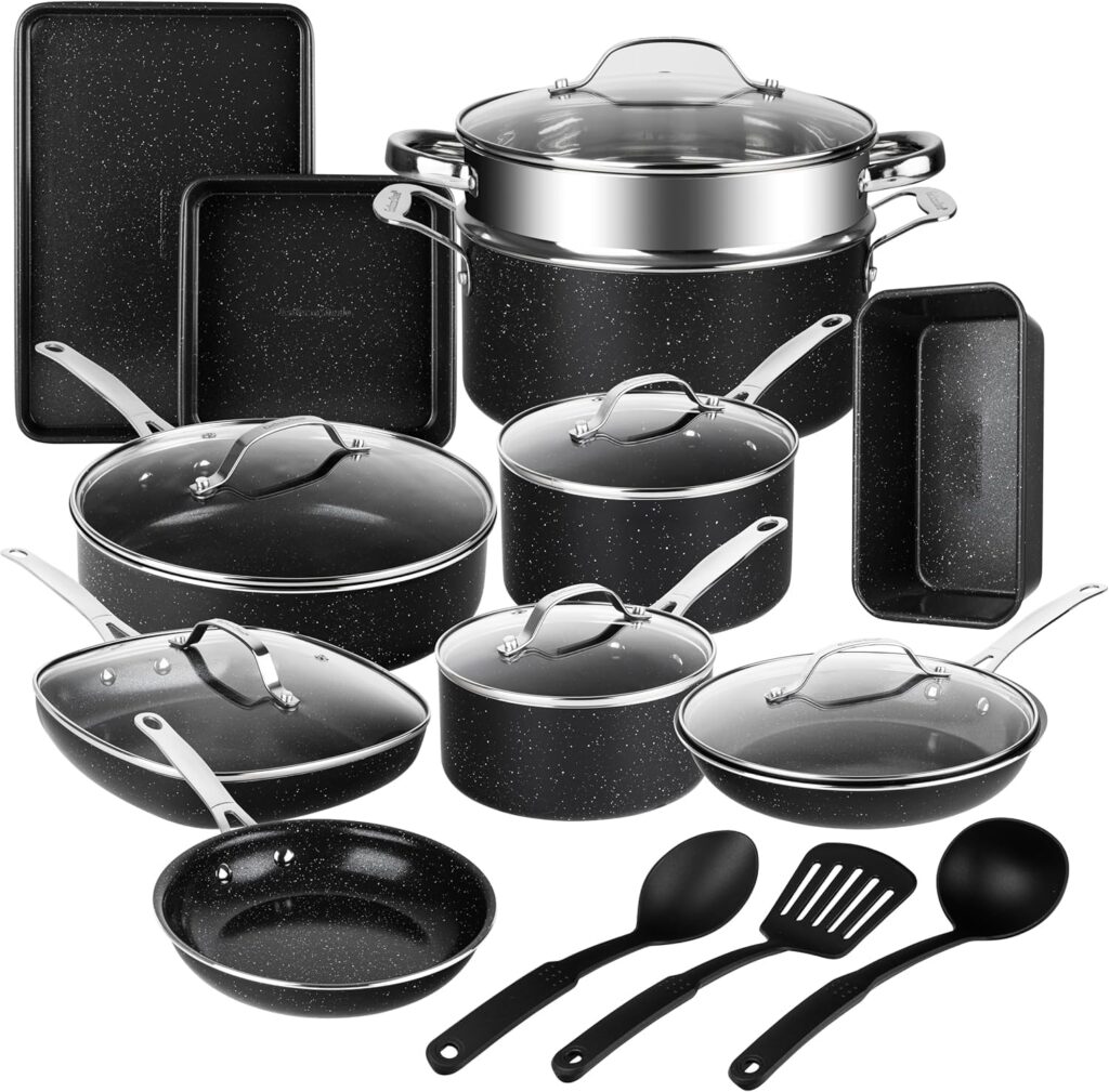 GRANITESTONE 20 Pc Complete Pots and Pans Set Non Stick Cookware Set with Saute Pan, Bakeware, Steamer, Cooking Utensils, Made Without PFOA PFOS, Oven and Dishwasher Safe