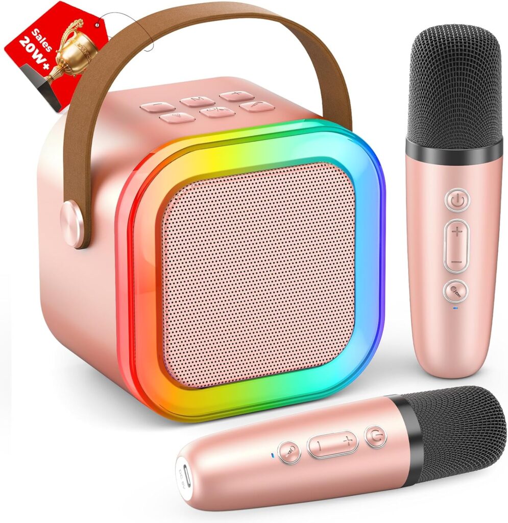 Mini Karaoke Machine for Kids Adults, 2025 TOP Christmas Birthday Gifts for Girls 3,4,5,6,7,8+Year Old Toddler Toys, Portable Bluetooth Speaker with 2 Wireless Karaoke Microphones Player(Rose)