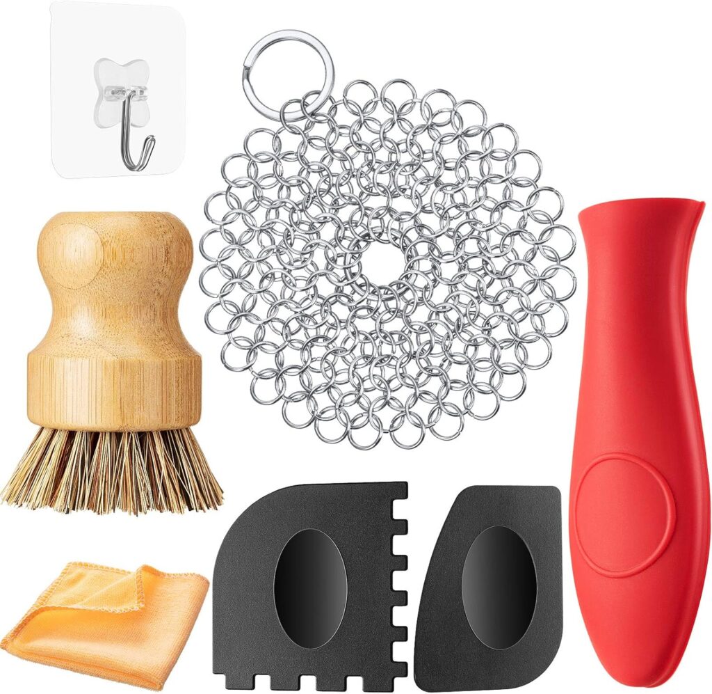 Patelai 7 Pieces Cast Iron Cleaner Set Include Stainless Steel Chainmail Scrubber with Bamboo Dish Scrub Brush Hot Handle Holder 2 Pan Grill Scrapers Kitchen Towel Wall Hook (Bright Color)