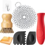 Patelai 7 Pieces Cast Iron Cleaner Set Include Stainless Steel Chainmail Scrubber with Bamboo Dish Scrub Brush Hot Handle Holder 2 Pan Grill Scrapers Kitchen Towel Wall Hook (Bright Color)