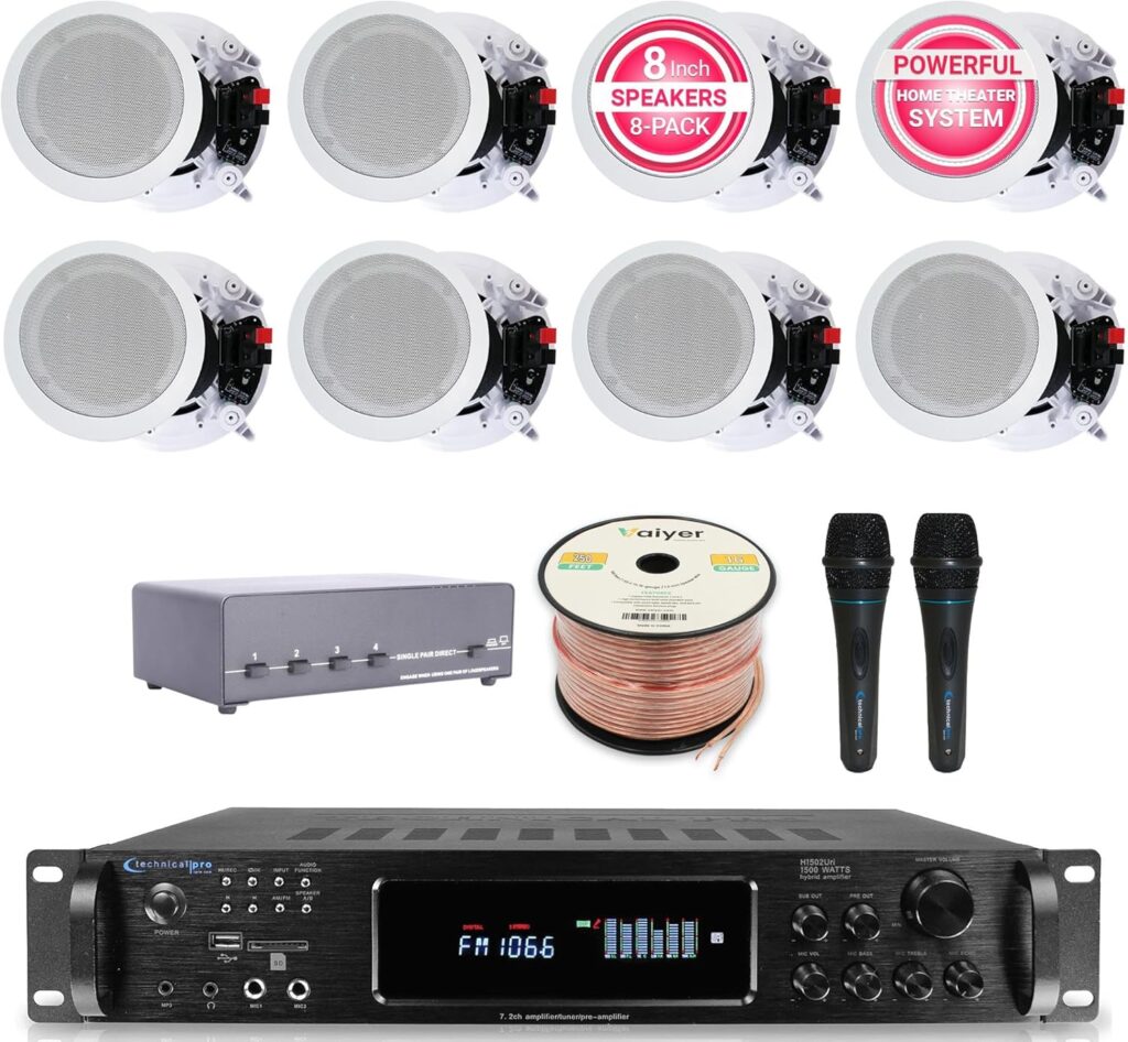 Home Audio System Kit – 7.2 Channel 1500W Bluetooth Amplifier w/ 8 Qty of 5.25″ Ceiling Speakers 175W Each, 4-Ch Speaker Selector, 2 Qty of Mic, 250 ft Speaker Wire & Remote by Vaiyer