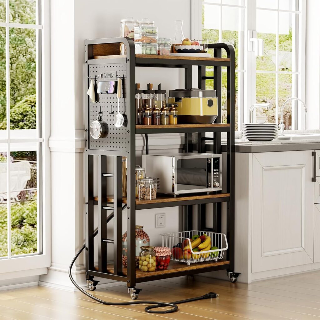 Kitchen Bakers Rack with Power Outlet,With pegboard Bakers Racks,Microwave Oven Stand with Storage 4 Tiers,bakers rack with storage,microwave cart,for Kitchen,Coffee Bar(Vintage Brown,15.75×25.2×55)