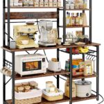 SUPERJARE Larger Bakers Rack with Power Outlets, 6-Tier Microwave Stand, Coffee Bar with 12 S-Shaped Hooks, Kitchen Shelf with Wire Basket, 47.2 x 15.5X 66.9 Inches, Rustic Brown