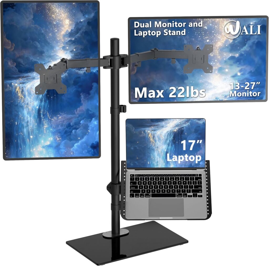 WALI Dual Monitor Stand with Laptop Holder, Height Adjustable Laptop Stand for Desk, Fits up to 27 inch Monitors and 17 inch Laptops, Freestanding Dual Monitor Mount with Glass Base(GMF003LP), Black