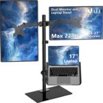 WALI Dual Monitor Stand with Laptop Holder, Height Adjustable Laptop Stand for Desk, Fits up to 27 inch Monitors and 17 inch Laptops, Freestanding Dual Monitor Mount with Glass Base(GMF003LP), Black