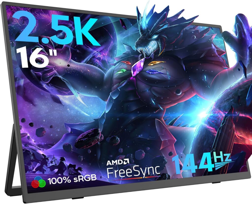 16” 2.5K 144Hz Portable Gaming Monitor for Laptop, 2560P×1440P IPS Screen with HDR, 1000:1 FreeSync, Ultra Slim & Eye Care,Travel Monitor External Screen for Laptop, PC, PS5, Mac, Xbox
