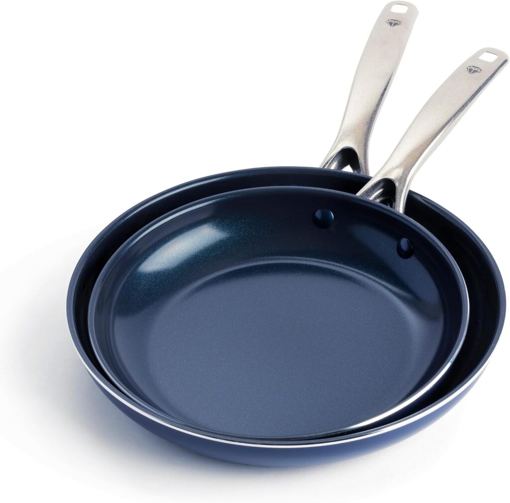 Blue Diamond 9.5” & 11″ Nonstick Frying Pan Skillet Set, Diamond Infused PFAS & PTFE-Free Ceramic Pots & Pans, Dishwasher & Oven Safe, Stay Cool Handles, Durable Non Toxic Metal Utensil Safe, Blue