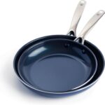 Blue Diamond 9.5” & 11″ Nonstick Frying Pan Skillet Set, Diamond Infused PFAS & PTFE-Free Ceramic Pots & Pans, Dishwasher & Oven Safe, Stay Cool Handles, Durable Non Toxic Metal Utensil Safe, Blue