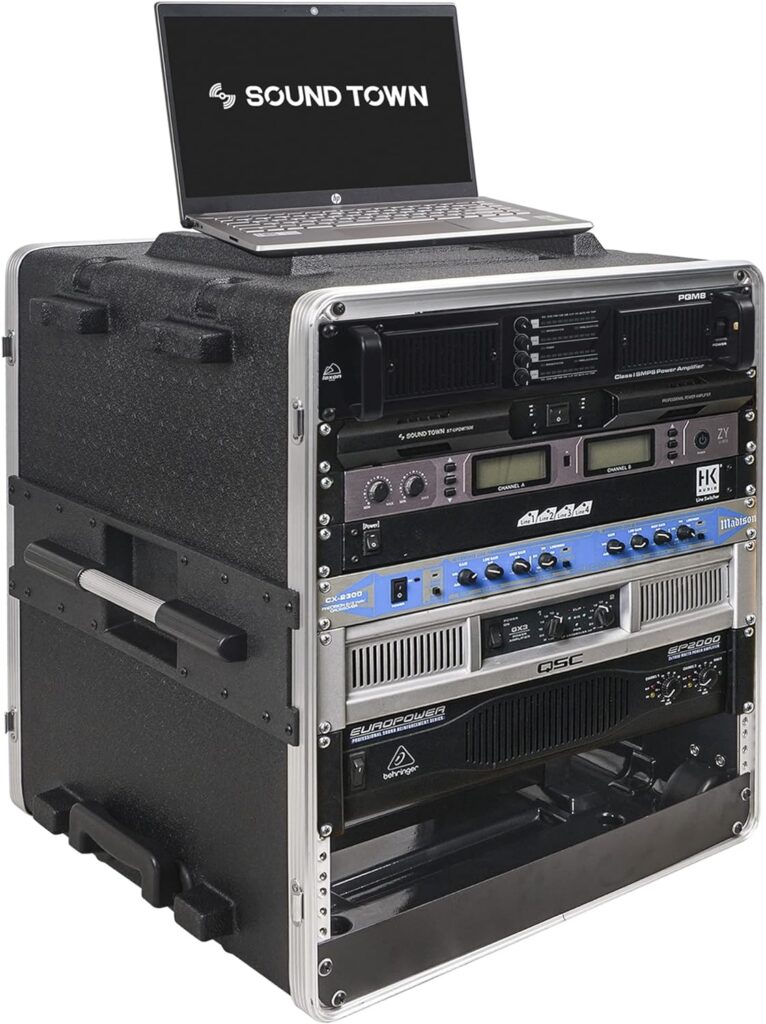 Sound Town Lightweight 12U PA DJ Rack/Road Case with 11U Rack Space, ABS Construction, 19″ Depth, Retractable Handle, Wheels and Heavy-Duty Latches (STRC-A12UT)