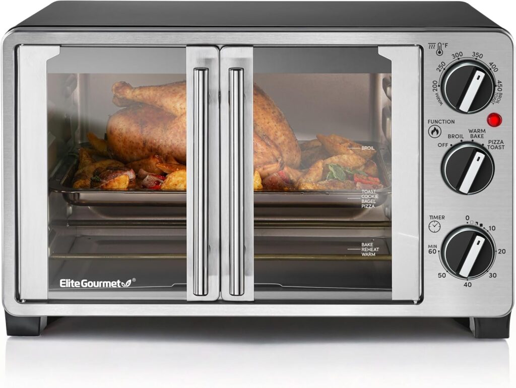 Elite Gourmet ETO2530M Double French Door Countertop Toaster Oven, Bake, Broil, Toast, Keep Warm, Fits 12″ pizza, 25L capacity, Stainless Steel & Black