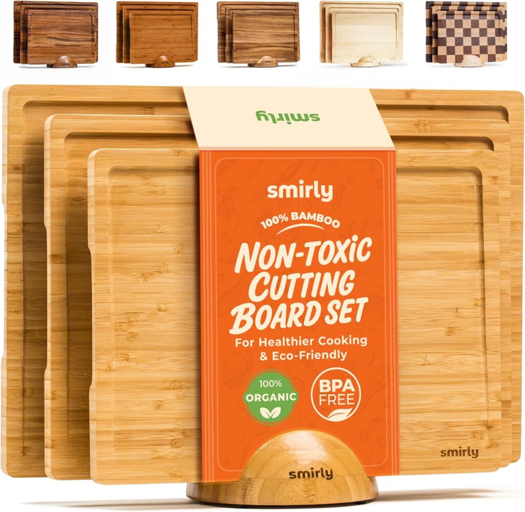 SMIRLY Wooden Cutting Boards For Kitchen Meal Prep & Serving – Bamboo Cutting Board Set with Holder, Charcuterie & Chopping Board, Wood Cutting Board Set, Kitchen Gadgets